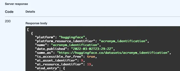 After executing a query, Swagger shows the JSON response.